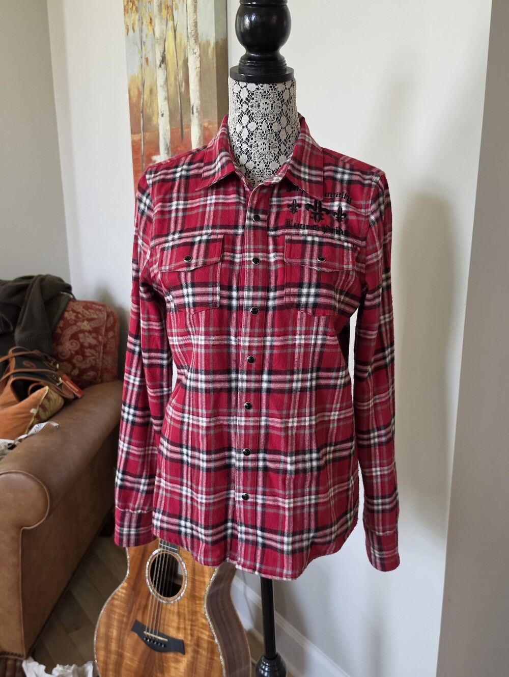 Sinful Affliction Tartan Flannel With Embroidered Fleur De Lis And Wings Large